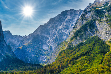 Alps mountains covered with forest, Koenigssee, Konigsee, Berchtesgaden National Park, Bavaria, Germany