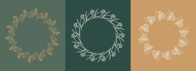 Vector set of design elements and botanical illustrations in simple linear style. Boho arch logo design elements and frames for social media stories and posts