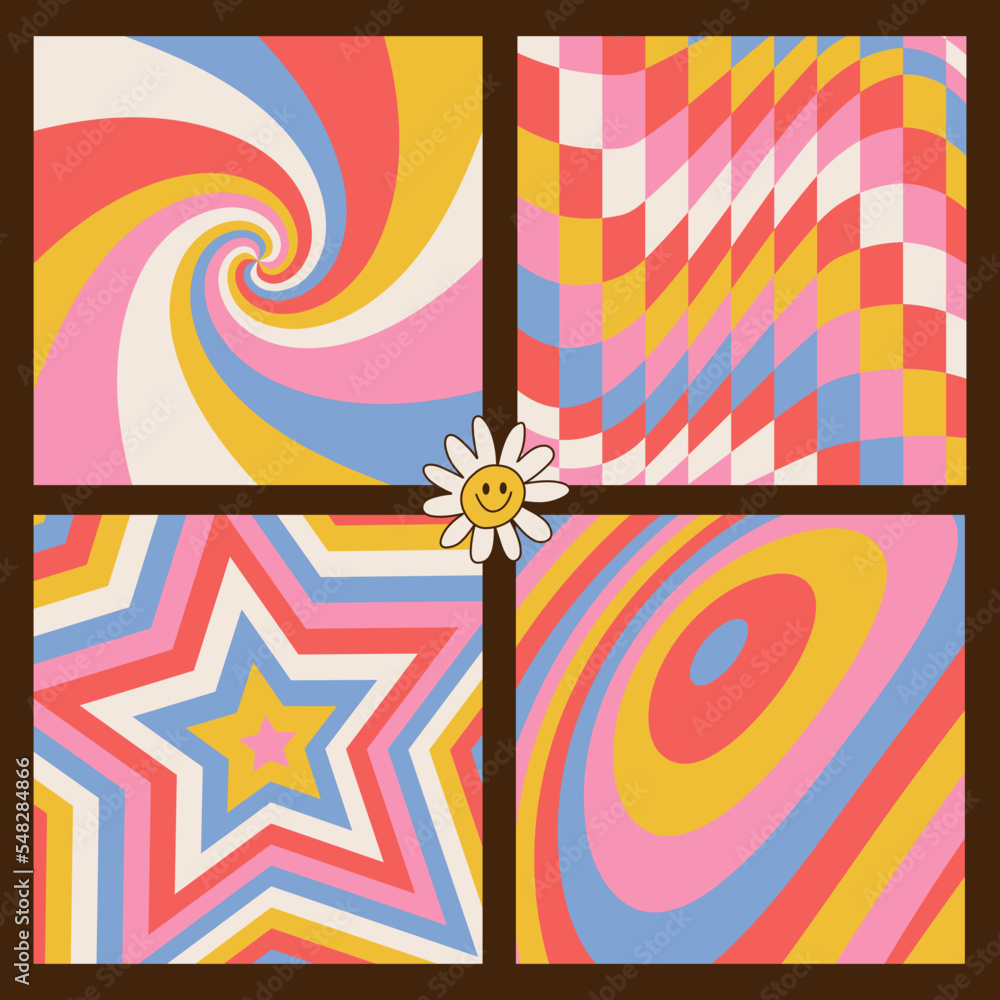 Poster set of funky groovy abstract backgrounds design. cool trippy colorful patterns. 70s retro geometric 