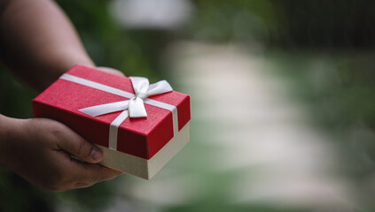 girl giving you a gift box,Concept of giving gifts to lovers ,Image has copy space