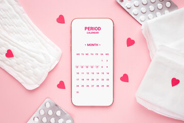 Mobile app calendar of the menstrual cycle, daily pads and hormonal contraceptive pills