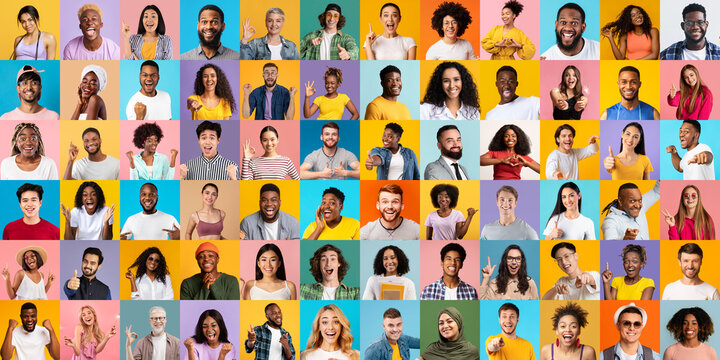 Studio Portraits Of Diverse Happy Multiethnic People Isolated Over Colorful Backgrounds