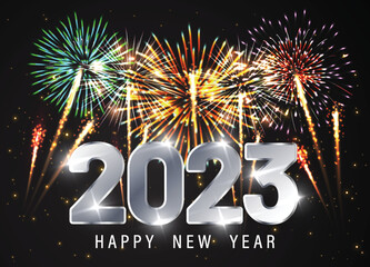 Happy new 2023 year Elegant text with light effect and fireworks.