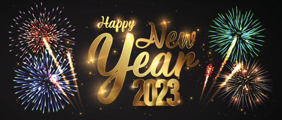 Happy new 2023 year Elegant text with light effect and fireworks.
