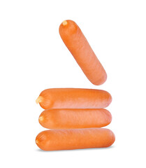 Sausages falling in the air isolated on white background.