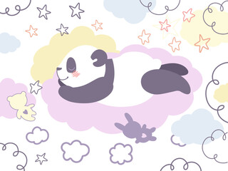 cute panda sleeping on a cloud. silhouettes of children's soft toys. pastel collection. vector illustration. design for postcard and baby textile