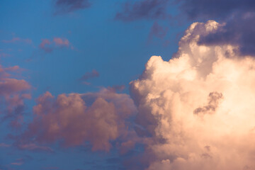 Fantastic morning or evening sky. Dusk or dawn light hitting cloud formation