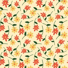 Flower seamless pattern with abstract floral branches with leaves, blossom flowers and berries yellow background.