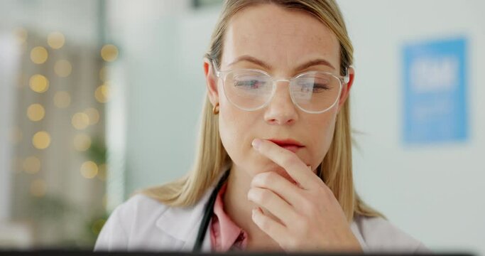 Thinking doctor, laptop and woman reading online medical research data, report or information about medicine clinical trial. Science, hospital laboratory and scientist problem solving 404 tech glitch