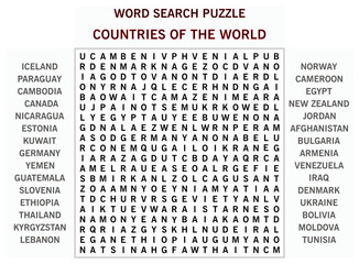 Word search puzzle vector (Word find game) illustration. Countries of the World - 01