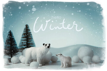 Winter card in retro style with polar bears in a snowy forest