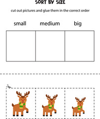 Sort cute reindeers by size. Educational worksheet for kids.