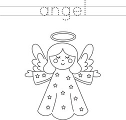 Trace the letters and color cute angel. Handwriting practice for kids.