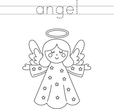 Trace the letters and color cute angel. Handwriting practice for kids.