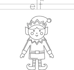 Trace the letters and color Christmas elf. Handwriting practice for kids.