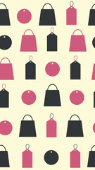 Sales patterned background for social media. Vertical design with shopping bag and labels. Loopable wallpaper for discounts. Pink, black, white and yellow. Vector flat design. Copy space. 
