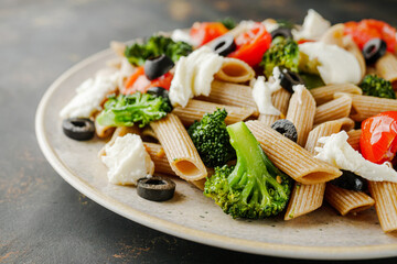 delicious penne wheat pasta with tomatoes, broccoli and mozzarella on a dark background