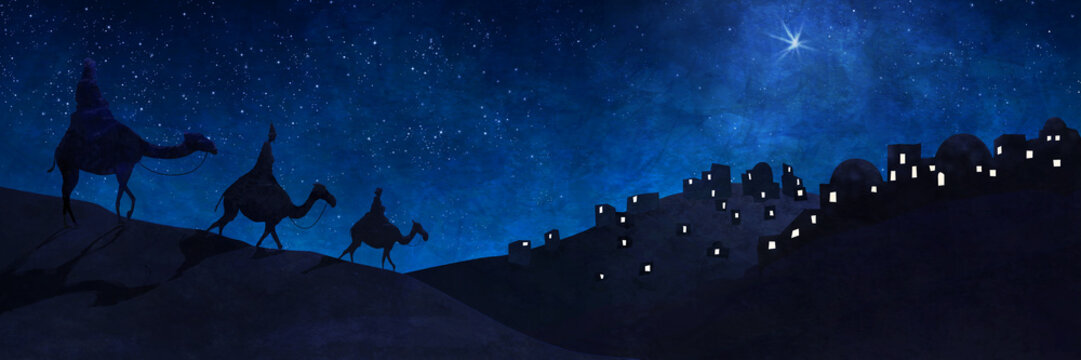 The Three Kings - also known as the Magi or Wise Men follow the Star of Bethlehem to visit the baby Jesus bearing gifts - gold, frankincense, and myrrh.