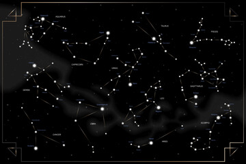 zodiac horoscope stars constellation space symbol, mystic astrology night sky map. thin line design vector illustration © karnografff