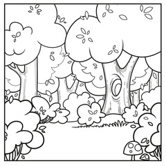 Old fairy tale forest with glade outlined variation for coloring page isolated on white background