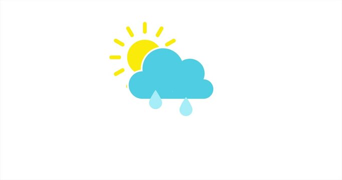 Sunshine and rain with clouds. Animated vector on white background. Weather report video. Seamless weather icon