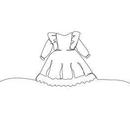Child dress one line art. Continuous line drawing of clothing, dress, children s, wardrobe, dress up, celebration, preppy, festive, baby accessories.