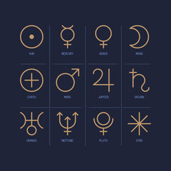 Solar system zodiac horoscope astrological thin line label linear design esoteric stylized elements symbols signs. Vector illustration icons