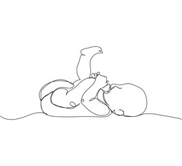 Newborn biting his feet one line art. Continuous line drawing of child, childhood, newborn, new life, son, daughter, silhouette, motherhood, baby.