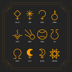 ASTEROID GODDESSES zodiac horoscope thin line label linear design esoteric stylized elements symbols signs. Vector illustration icons