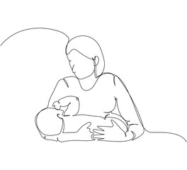 Mom holds a child in her arms one line art. Continuous line drawing of newborn, motherhood, family, love, child, care, childhood, worries.