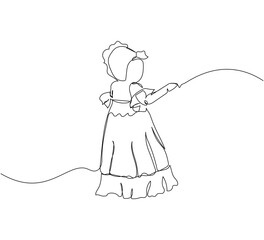 Little baby in christening clothes one line art. Continuous line drawing of child, childhood, play, boy, girl, sacrament of baptism, christening clothes, dress, bonnet.