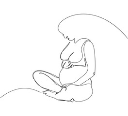 Pregnant woman sitting in lotus position and stroking her belly one line art. Continuous line drawing of pregnancy, motherhood, preparation for childbirth, preparation for motherhood, relaxation.