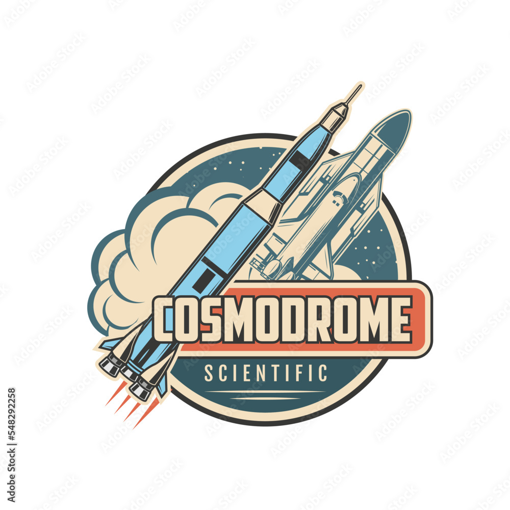 Poster Cosmodrome vector icon with space rocket and shuttle. Astronomy science, galaxy adventure, spaceport or launch site isolated symbol with spaceship or spacecraft carrier rocket and steam clouds