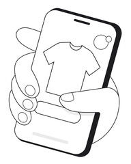 Vector illustration of a hand holding a phone made by lines. Black-and-white illustration. A man orders clothing online.