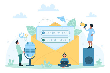 Voice mail service vector illustration. Cartoon tiny people record audio message, use megaphone and laptop, big microphone and envelope, online social media messenger to send sound information, - obrazy, fototapety, plakaty