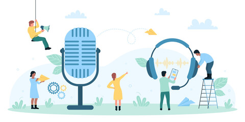 Voice message, chat in clubhouse service vector illustration. Cartoon tiny people using big microphone and headphones for audio conversation, record and listen sound in online messenger of phone