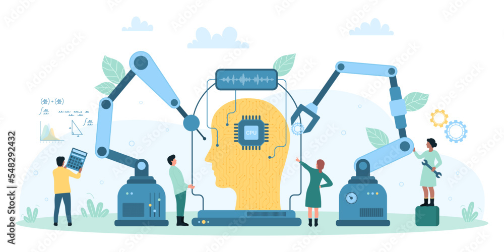 Poster ai, machine learning vector illustration. cartoon tiny people control futuristic robots and arms to 