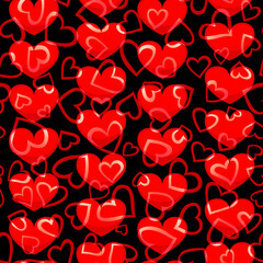 Fototapeta na wymiar seamless pattern with red hearts, black background, symbol of love, valentine day.