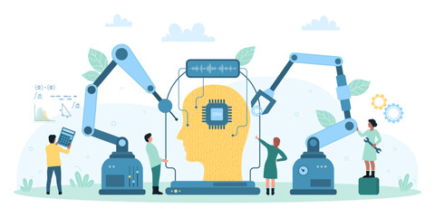 AI, machine learning vector illustration. Cartoon tiny people control futuristic robots and arms to repair tech mind with artificial intelligence in big head, engineering circuits of neural network