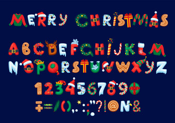 Christmas font or type, cartoon holiday typeface and alphabet. Vector xmas festive abc letters, numbers and signs with santa hat, snow, decorated pine tree, gingerbread cookies, garland and reindeer