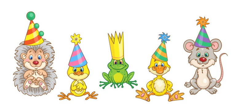 Funny hedgehog, chick, frog, duck and mouse are sitting in colorful carnival hats. In cartoon style. Isolated on white background. Vector illustration