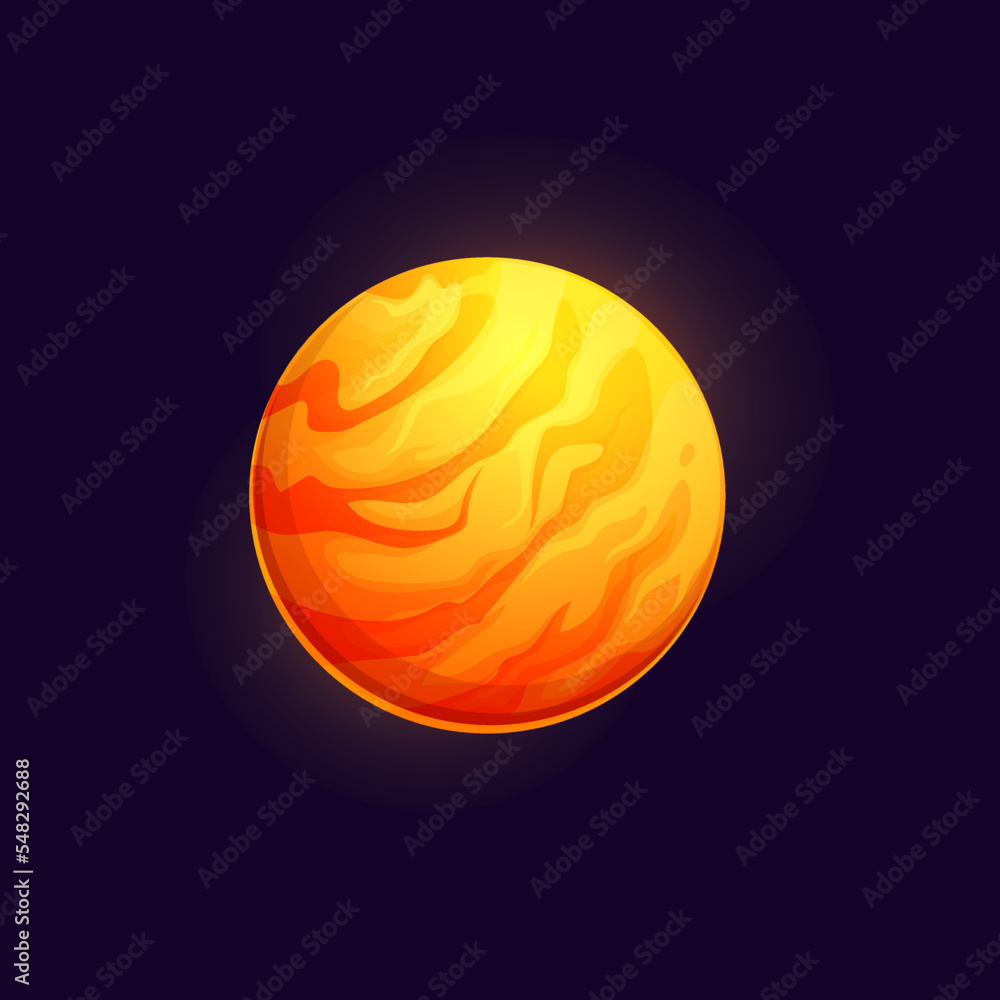 Poster cartoon space hot planet with lava surface and fire, vector galaxy world game icon. fantasy galactic
