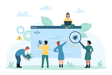 Bug report, error of software vector illustration. Cartoon tiny testers look through magnifying glass at bug in computer code during digital test, programmers debug mobile apps and analyze fails
