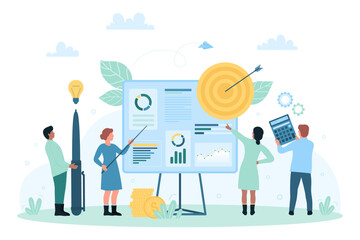Business presentation and marketing analysis by office team vector illustration. Cartoon tiny people work with pen, calculator and charts on board, characters training with corporate statistics