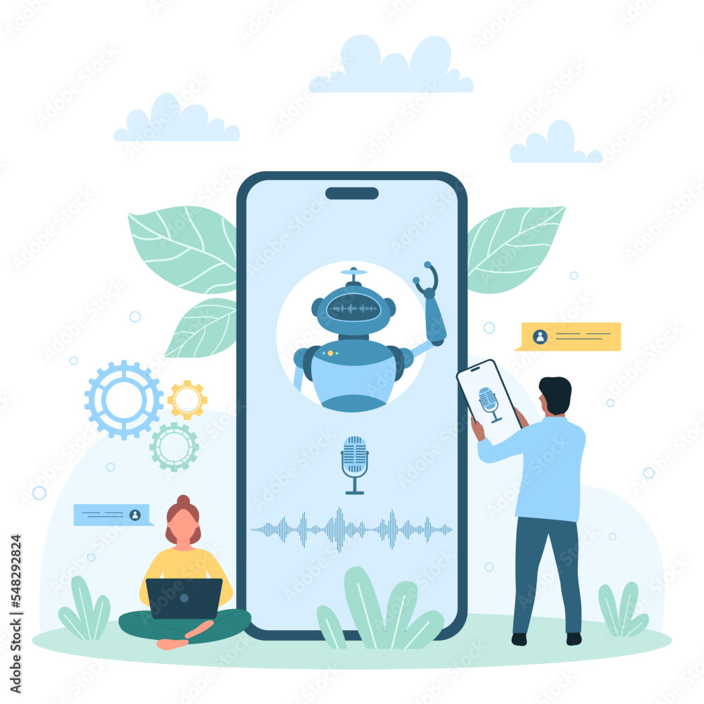 Poster ai chatbot technology vector illustration. cartoon tiny customers talk with robot in voice chat on p