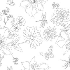 Flowers. Seamless floral pattern. A branch with an ornament of leaves. Blooming natural garden textured background. Wallpaper and fabrics. Black contour flowers on a white background.