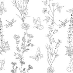 Flowers. Floral seamless pattern with garden flowers, and butterflies. Beautiful flowers are suitable for wallpaper and fabric.