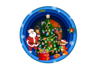 Christmas paper cut round banner. Santa with pine holiday tree, gifts and fireplace interface. Vector double exposition 3d design for xmas celebration with funny Father Noel and fox at festive home