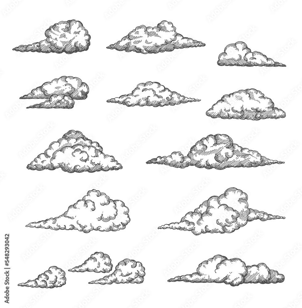 Poster cloud and cloudiness vintage sketches. vector hand drawn sky of ancient engraved fluffy clouds, anti