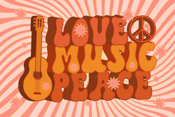 Groovy music with retro guitar Love peace Hippie style Vintage design Cartoon Vector illustration on a jolly background